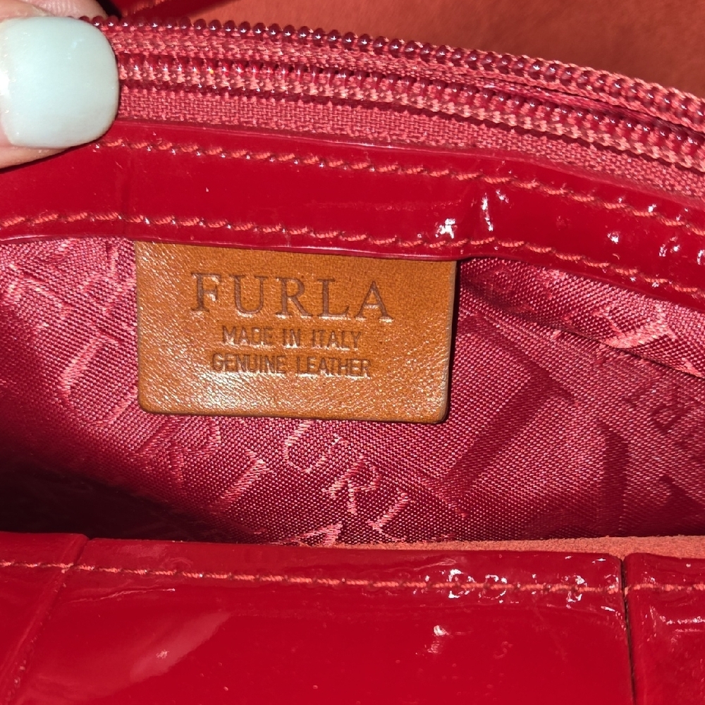 Furla Red Glossy Tote Bag with Metallic Charm - Picture 8 of 10
